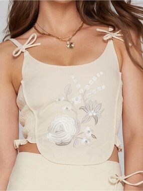 Embroidered Cream Floral Corset Style Top with Adjustable Tie Straps